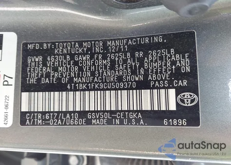 2012 Toyota Camry Xle V6 z USA, uszkodzony, nr VIN 4T1BK1FK9CU509370